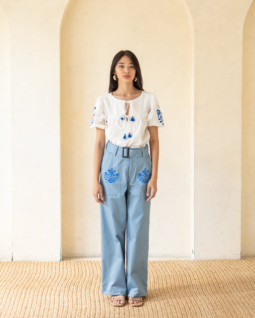 Madeline Embroidered Pants- Royal Blue