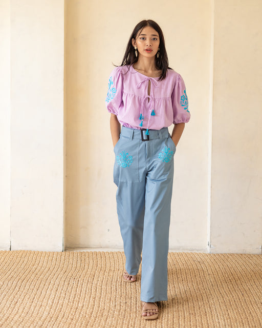 Madeline Embroidered Pants- Teal