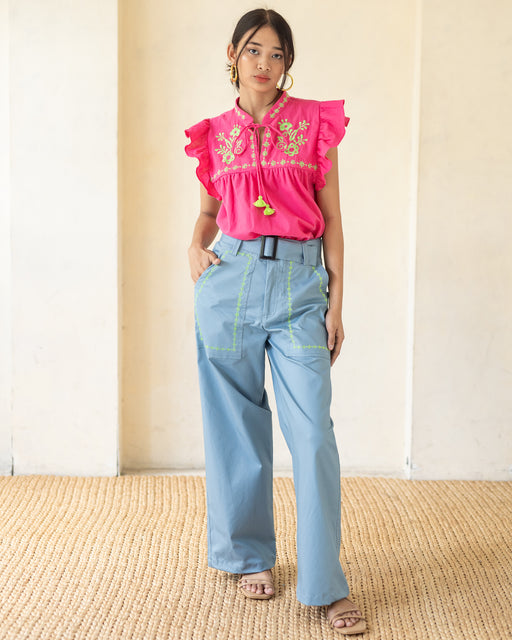 Stella Embroidered Pants- Lime