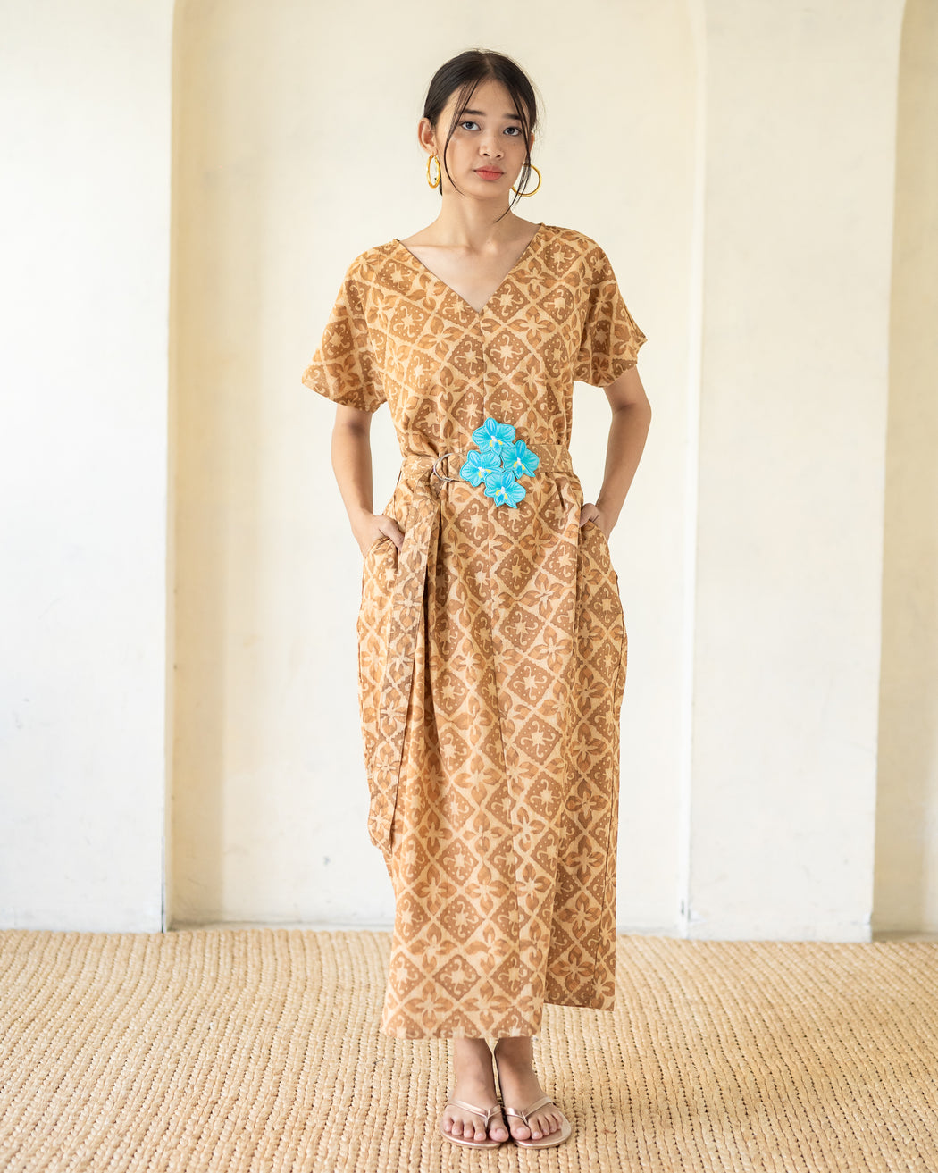 Carmen Kaftan Dress- Mustard with Turquoise Orchid