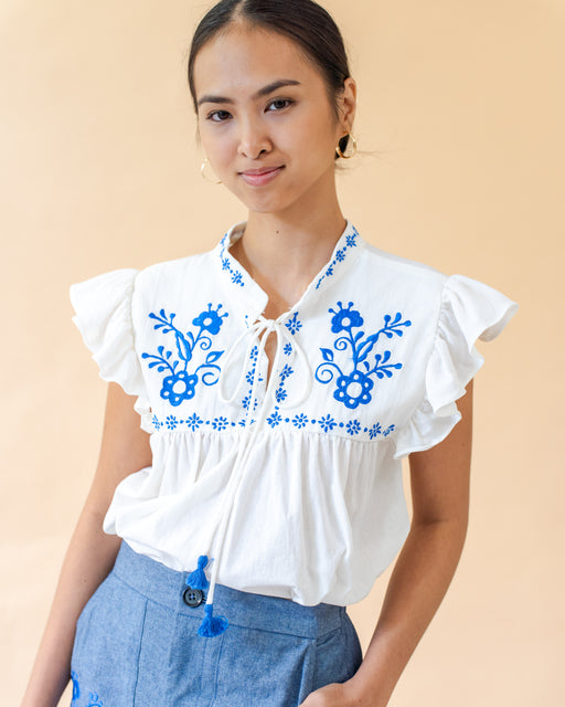 Stella Sleeveless Embroidered Top- White