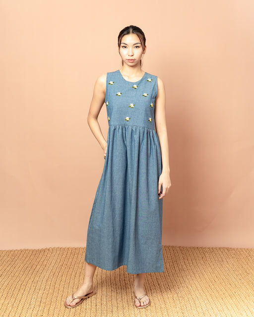 Lucille Embroidered Sleeveless Dress - Cotton Denim