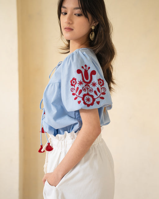 Madeline Embroidered Puff Sleeve Top - Light Blue