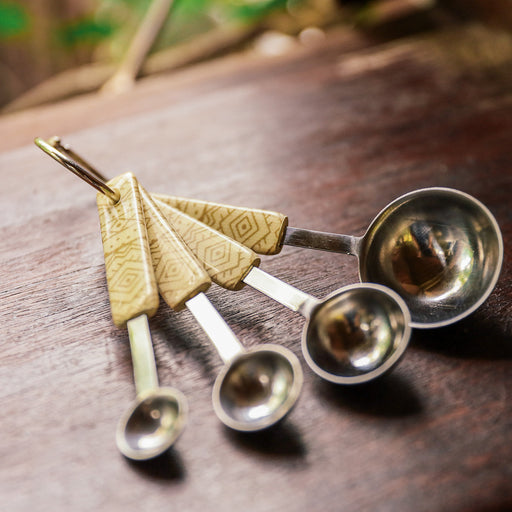 Stay precise in your recipes with these durable stainless steel measuring spoons with the signature tadhana pattern on the handles in four sizes. Lovingly made in the Philippines. Home decor and baking essentials available online through Domesticity.