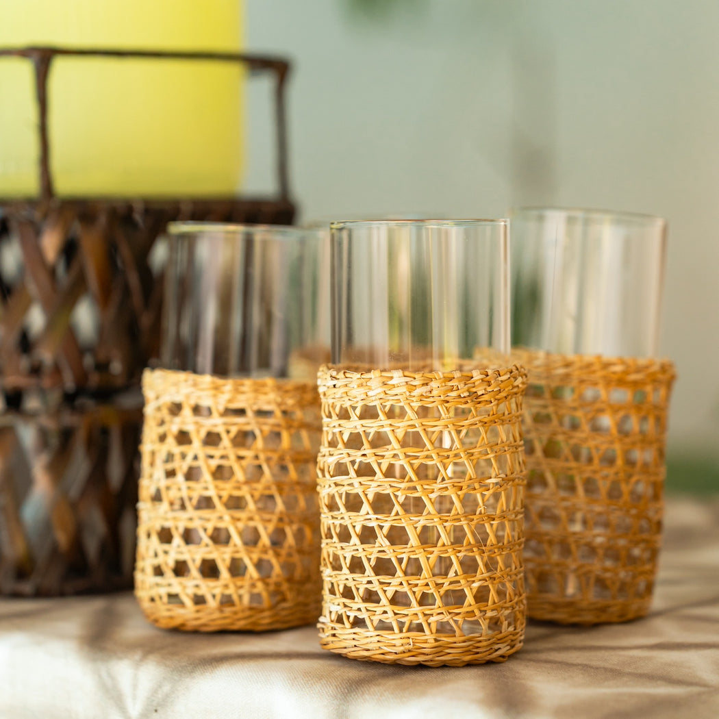 Marin Drinking Glasses with Woven Rattan Sleeves Set of 4
