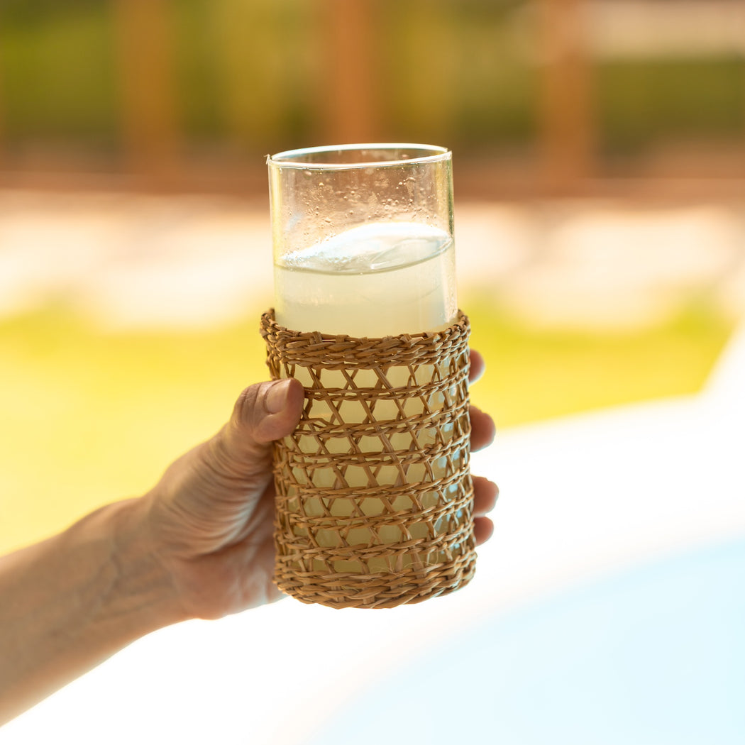Marin Drinking Glasses with Woven Rattan Sleeves Set of 4