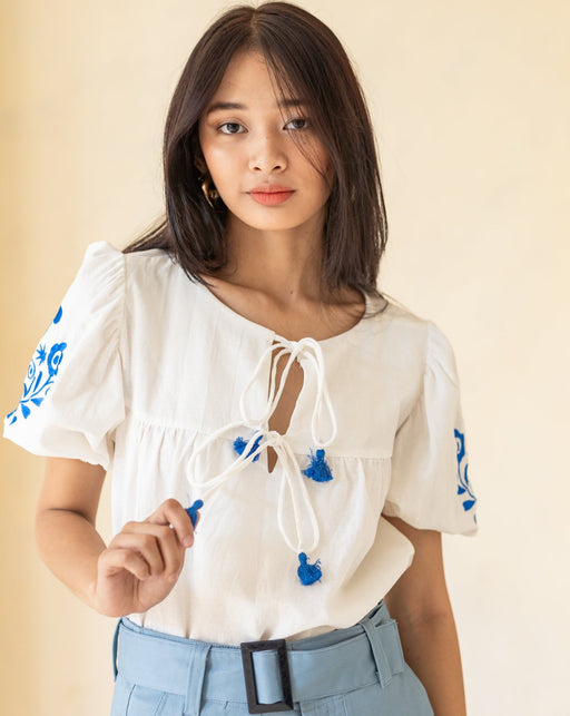 Madeline Embroidered Puff Sleeve Top - Off White