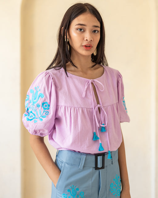 Madeline Embroidered Puff Sleeve Top - Lilac