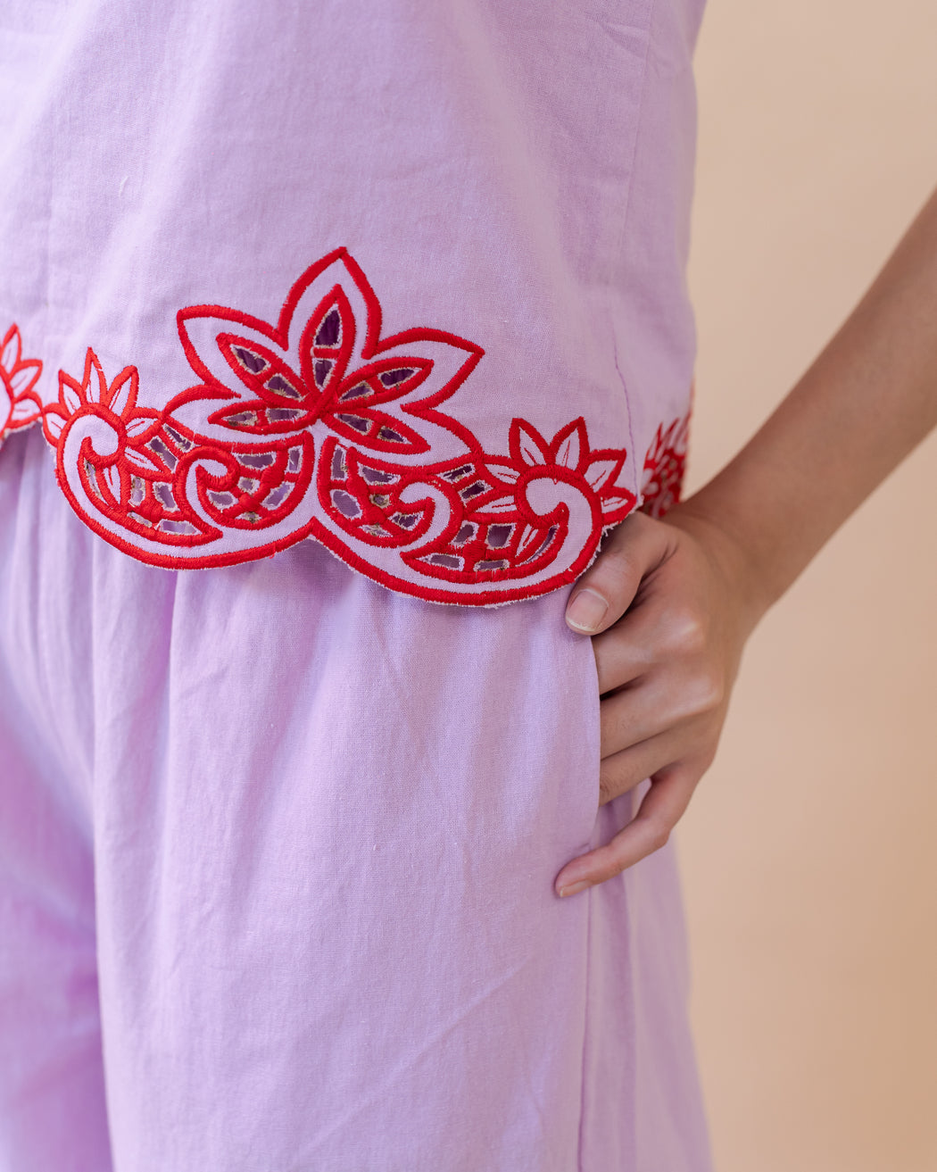Alicia Embroidered Sleeveless Blouse- Lilac & Red
