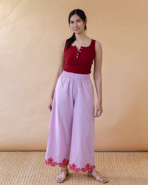 Alicia Embroidered Garterized Pants- Lilac & Red