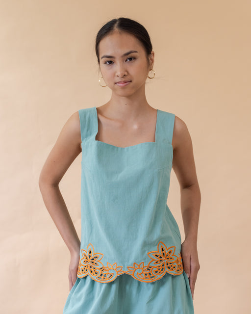 Alicia Embroidered Sleeveless Blouse- Pistachio & Orange