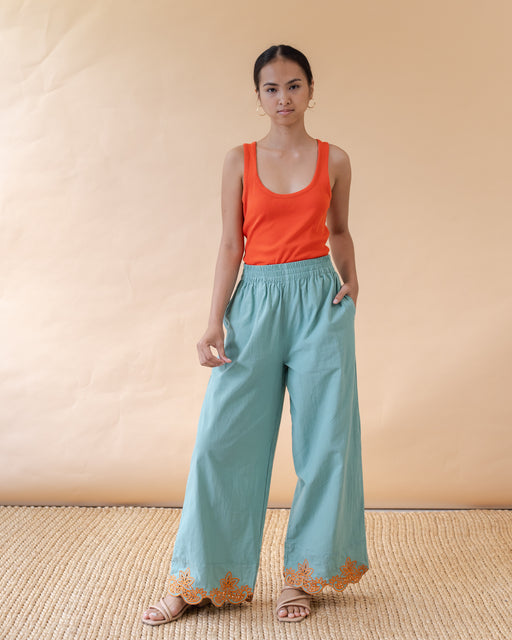 Alicia Embroidered Garterized Pants- Pistachio & Orange