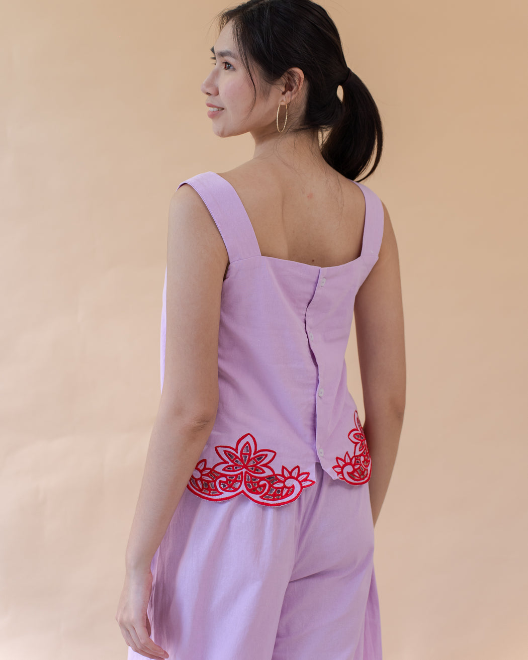 Alicia Embroidered Sleeveless Blouse- Lilac & Red