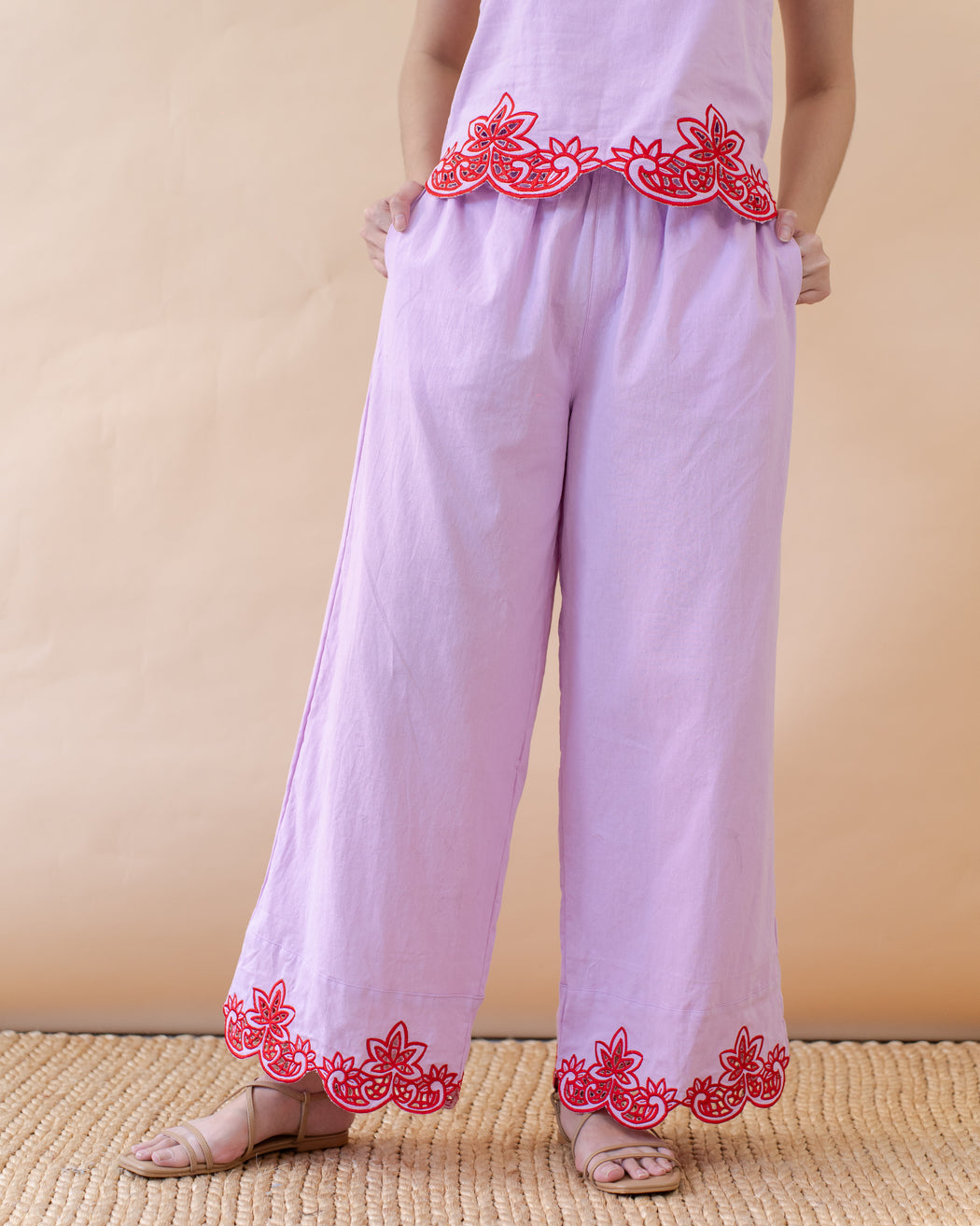Alicia Embroidered Garterized Pants- Lilac & Red