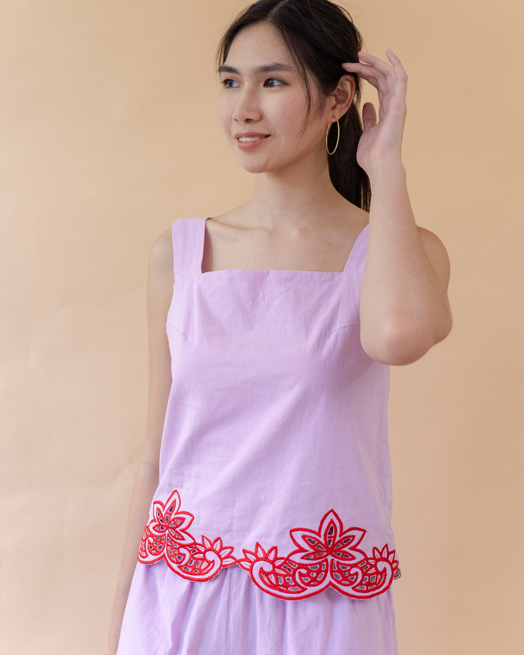 Alicia Embroidered Sleeveless Blouse- Lilac & Red
