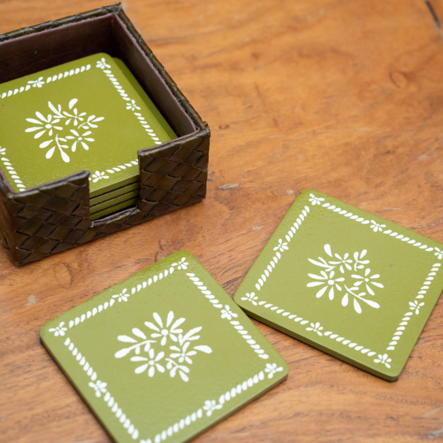 Magdalena Hand-Painted Glass Coaster Set of 6 with Pandan Tray