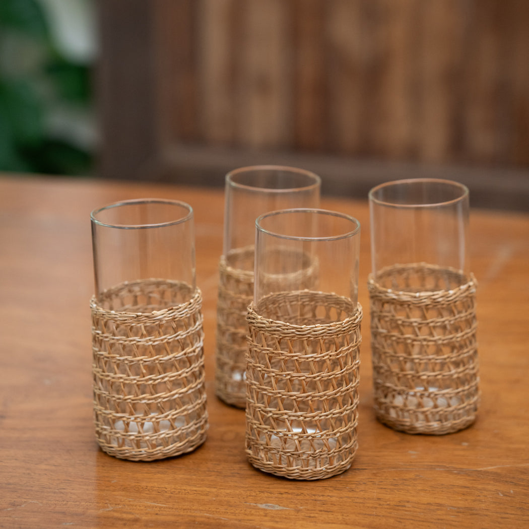 Marin Drinking Glasses with Woven Rattan Sleeves Set of 4