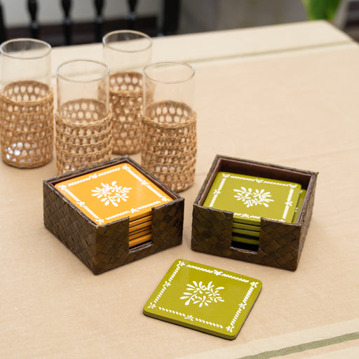 Magdalena Hand-Painted Glass Coaster Set of 6 with Pandan Tray