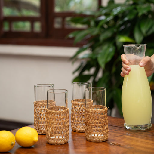 Marin Drinking Glasses with Woven Rattan Sleeves Set of 4
