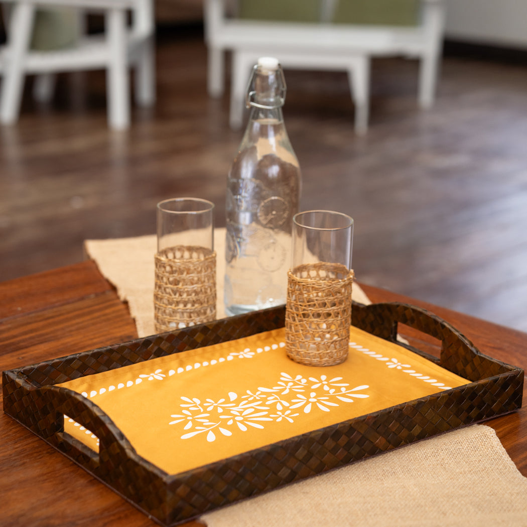 Magdalena Woven Pandan Serving Tray with Handprinted Fabric Liner