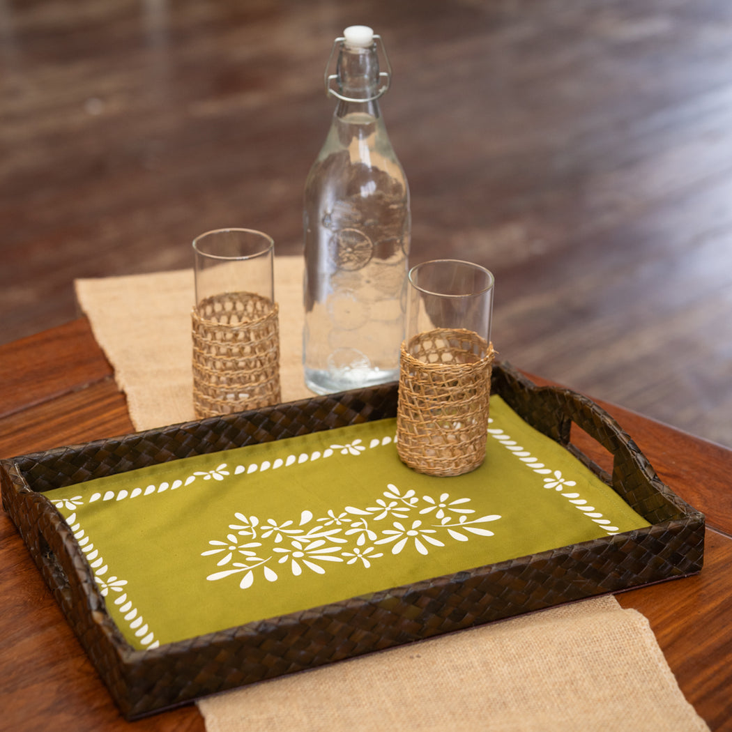 Magdalena Woven Pandan Serving Tray with Handprinted Fabric Liner