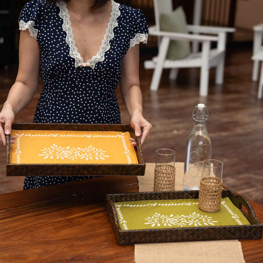 Magdalena Woven Pandan Serving Tray with Handprinted Fabric Liner