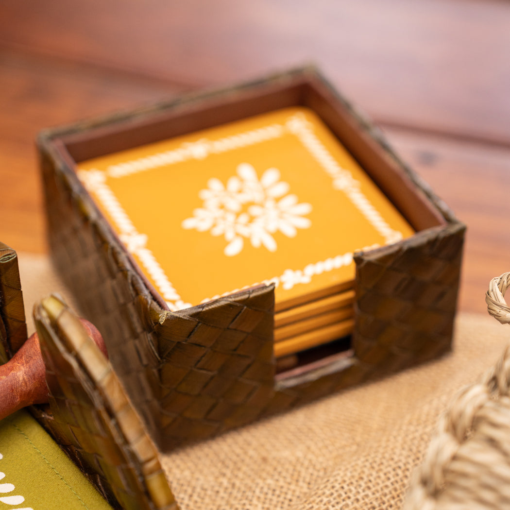 Magdalena Hand-Painted Glass Coaster Set of 6 with Pandan Tray