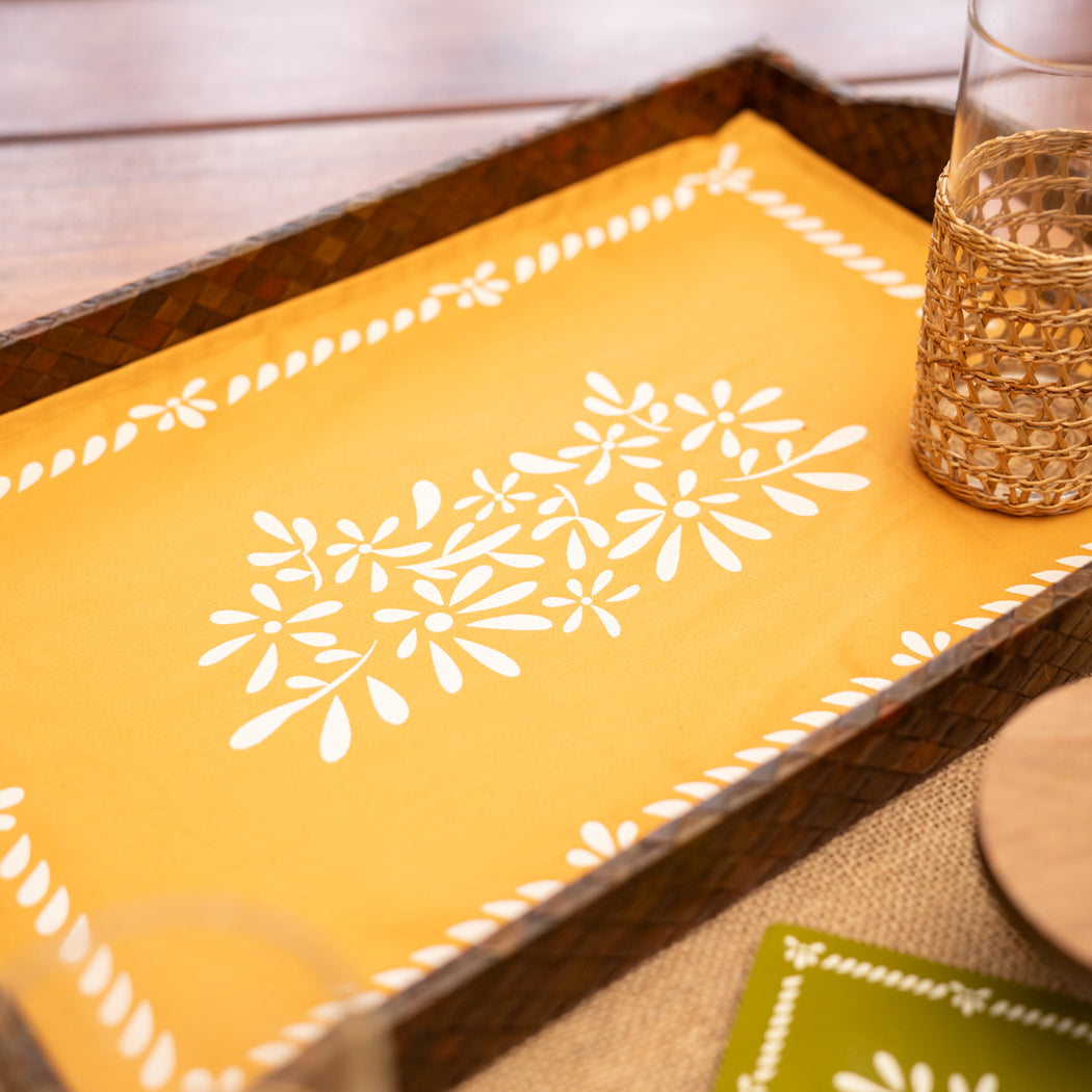 Magdalena Woven Pandan Serving Tray with Handprinted Fabric Liner