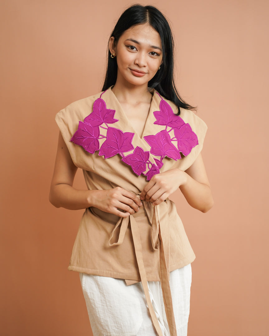 Magdalena Wrap Blouse- Oatmeal & Magenta