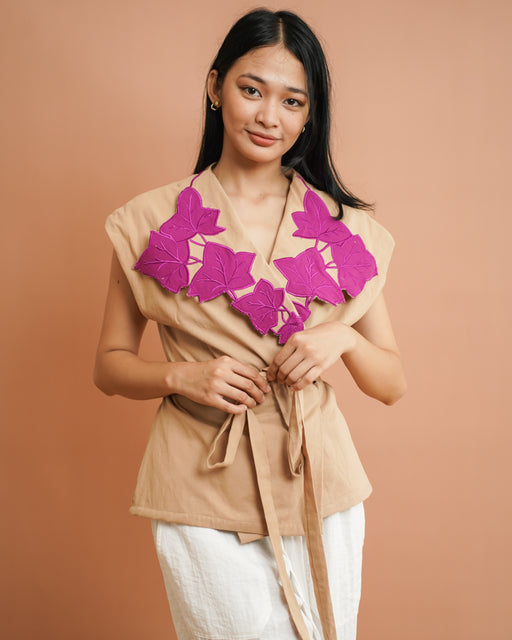 Magdalena Wrap Blouse- Oatmeal & Magenta