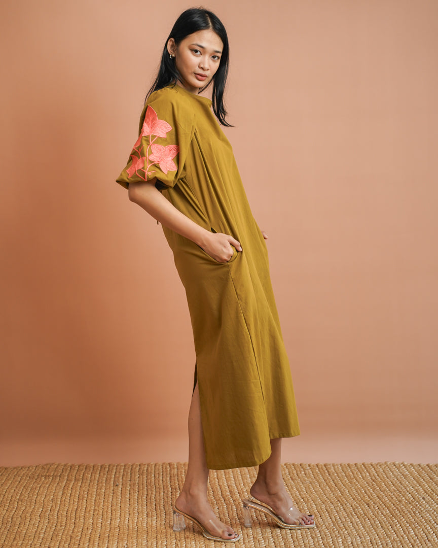 Magdalena Puff Sleeve Maxi Dress- Olive & Magenta