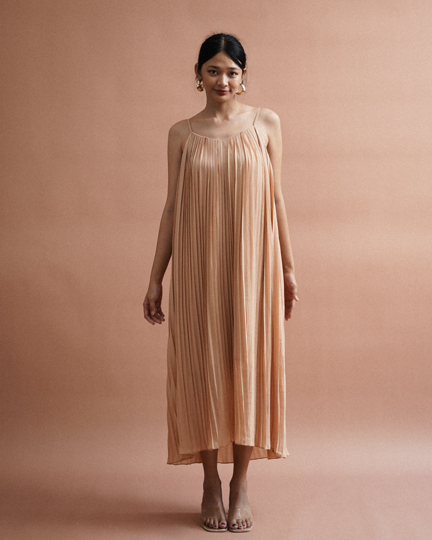 Catalina Piña  Sleeveless Blouse with Pleated Dress - Beige