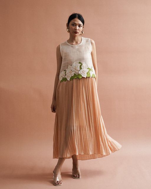 Catalina Piña  Sleeveless Blouse with Pleated Dress - Beige