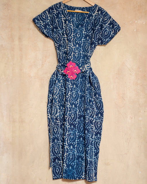 Carmen Kaftan Dress- Indigo Blue with Fuchsia Orchid