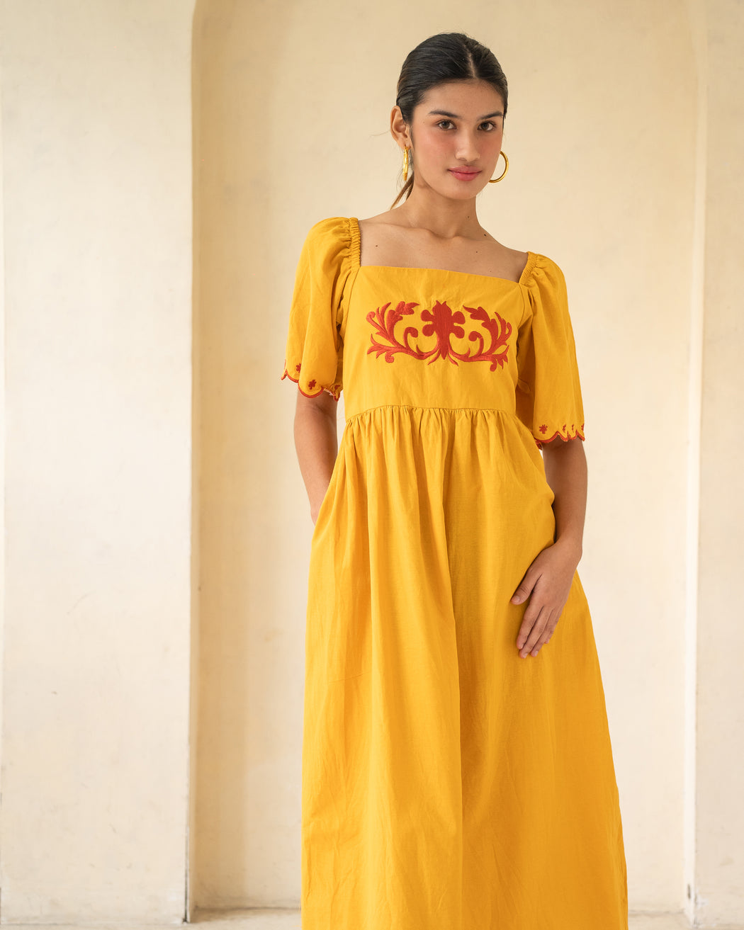 Celina Embroidered Midi Dress - Mustard