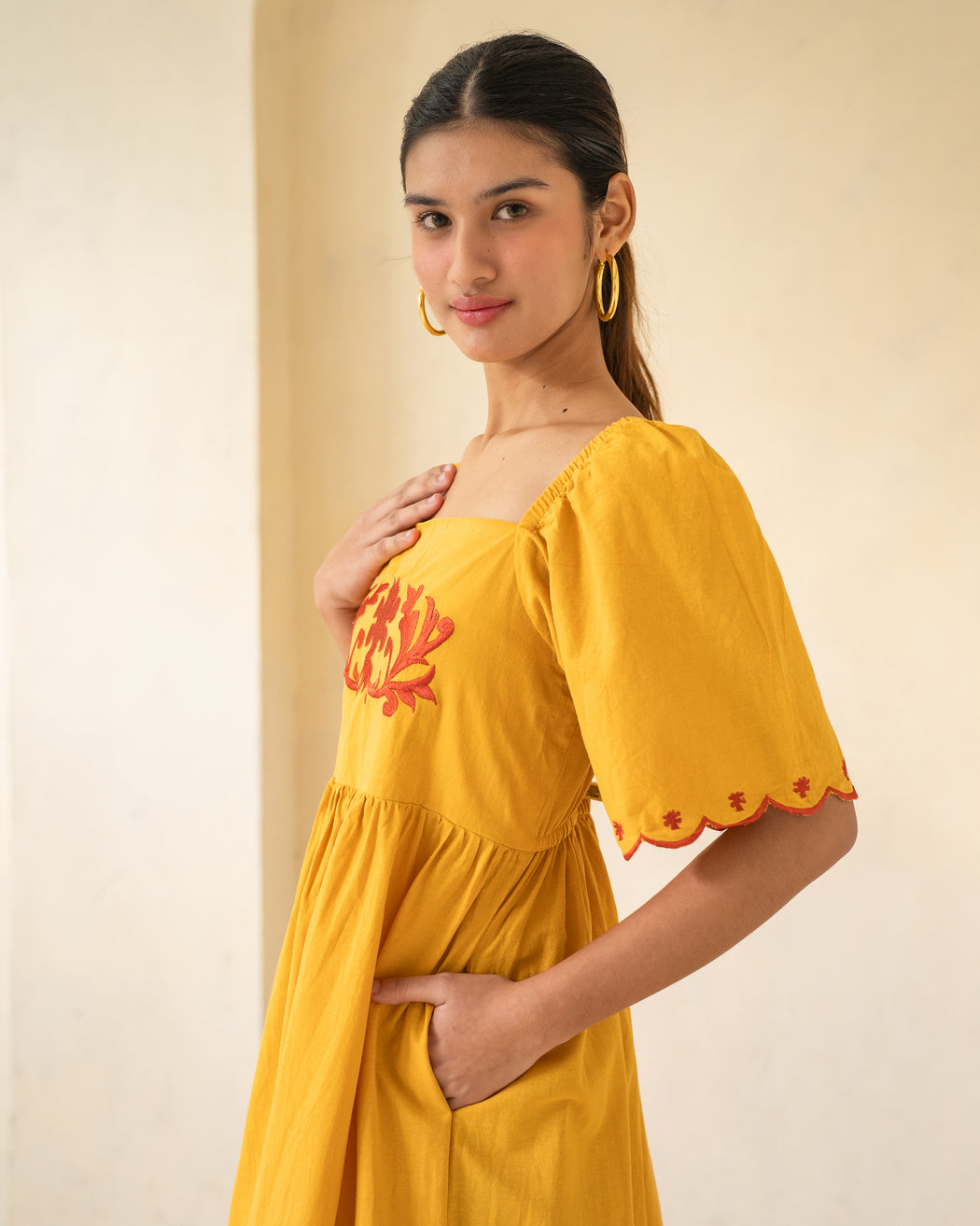 Celina Embroidered Midi Dress - Mustard