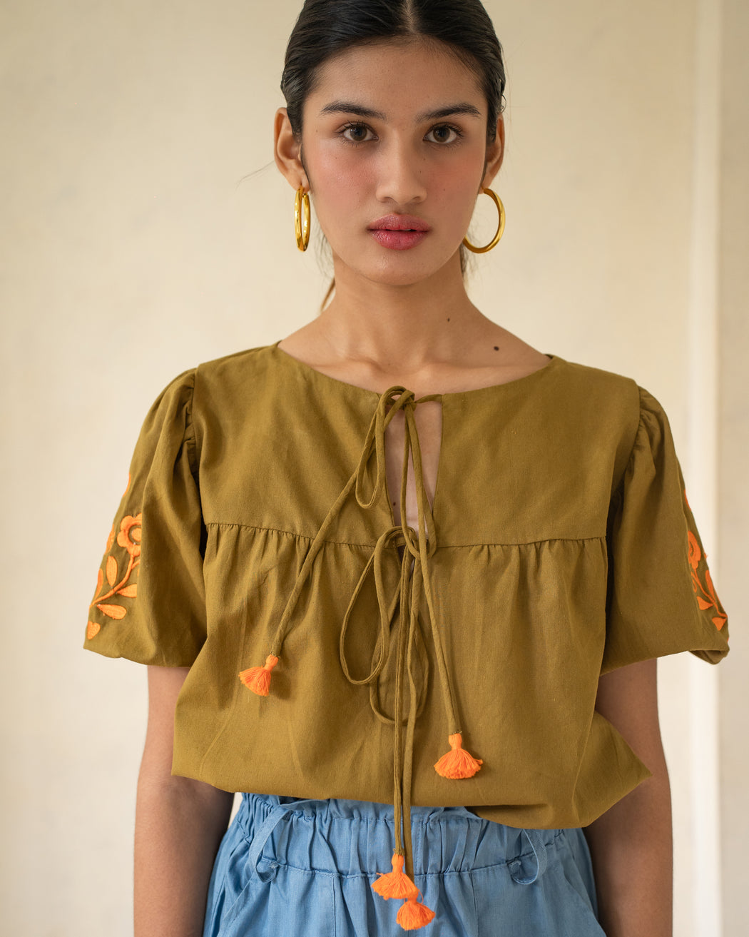 Madeline Embroidered Puff Sleeve Top - Olive Green