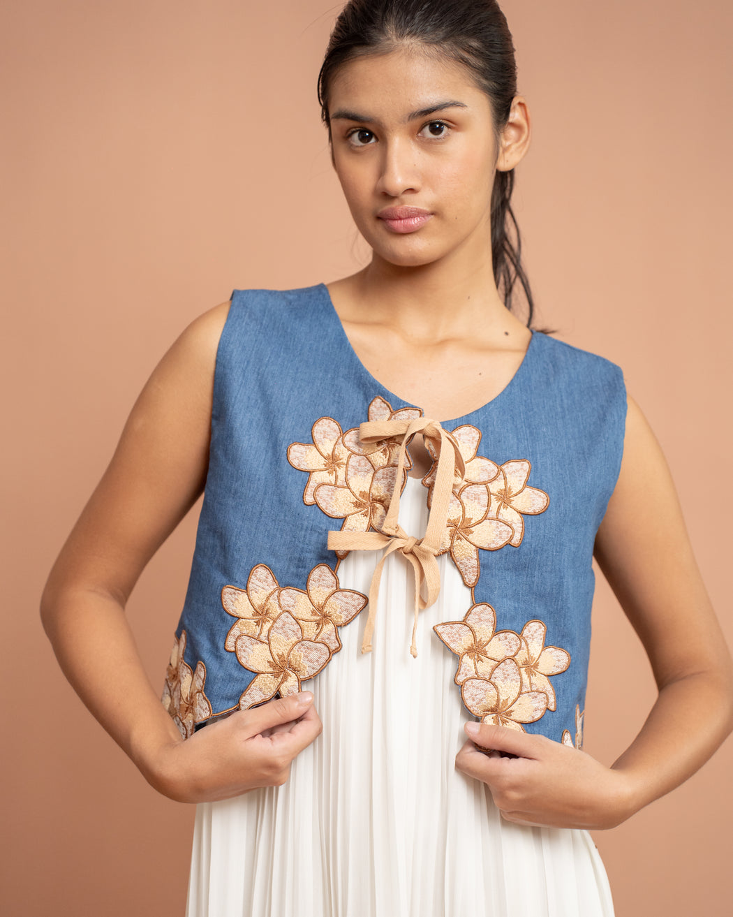Olivia Embroidered Reversible Vest - Denim with Khaki Flowers