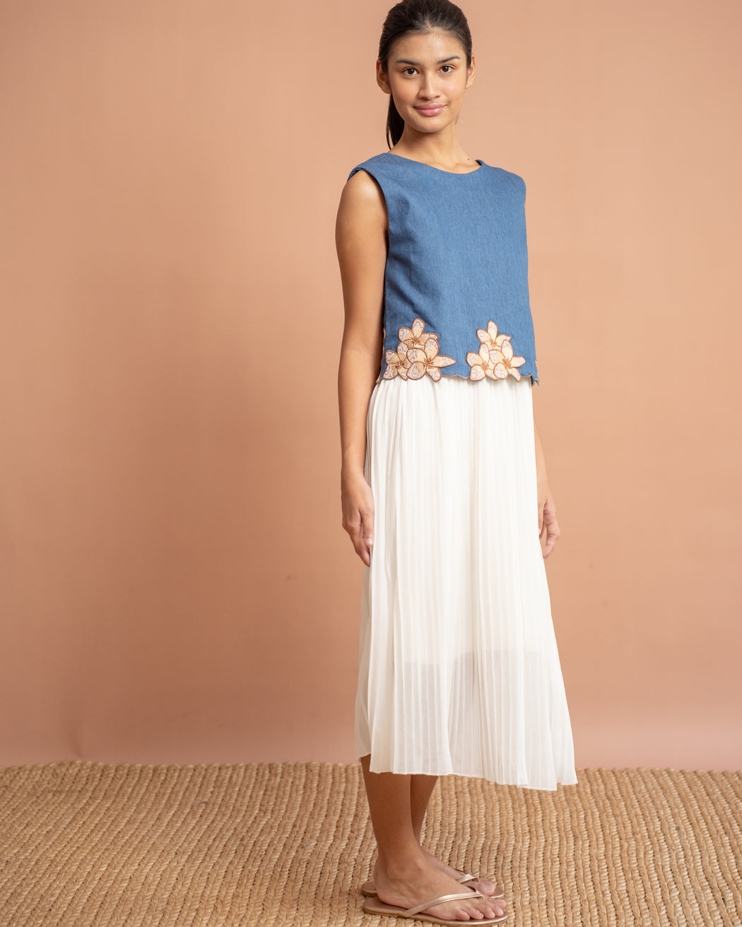 Olivia Embroidered Reversible Vest - Denim with Khaki Flowers