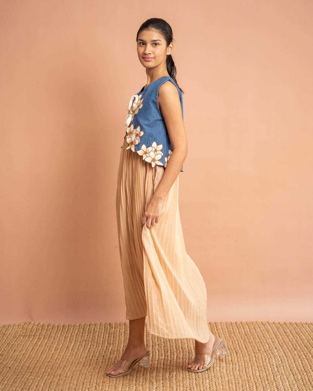 Olivia Embroidered Reversible Vest - Denim with White Flowers