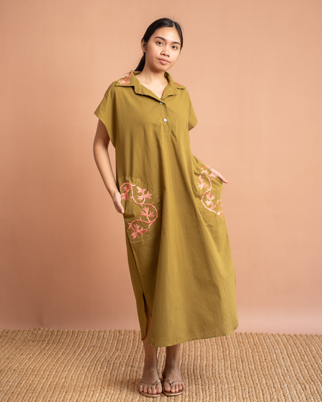 Danielle Embroidered Shirt Dress- Seaweed