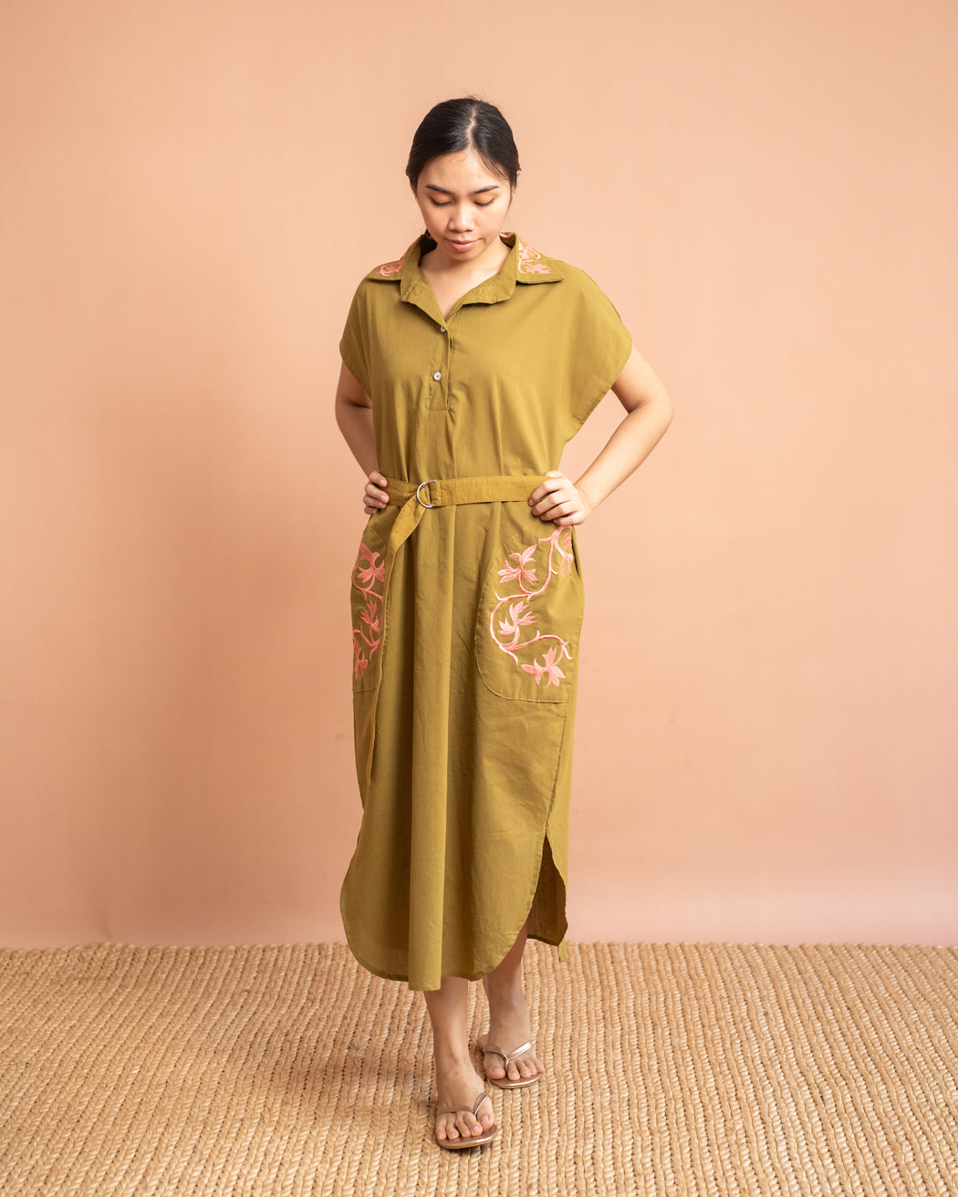 Danielle Embroidered Shirt Dress- Seaweed