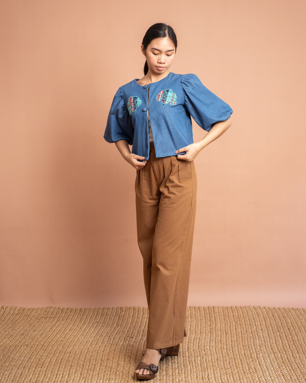 Sabrina Applique Embroidered Puff-Sleeve Jacket- Denim with Patadyong