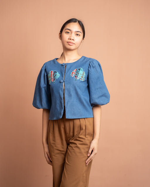 Sabrina Applique Embroidered Puff-Sleeve Jacket- Denim with Patadyong