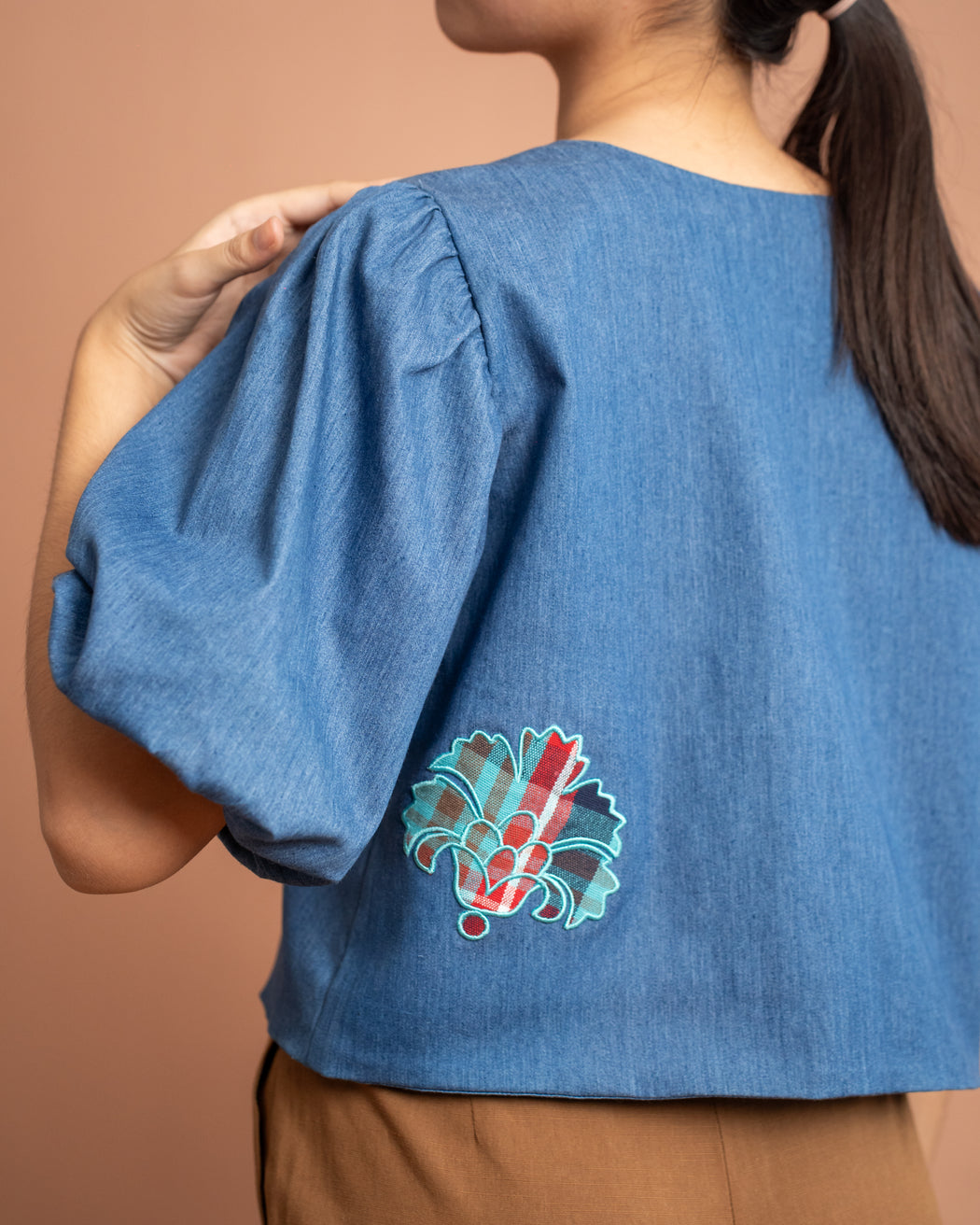 Sabrina Applique Embroidered Puff-Sleeve Jacket- Denim with Patadyong