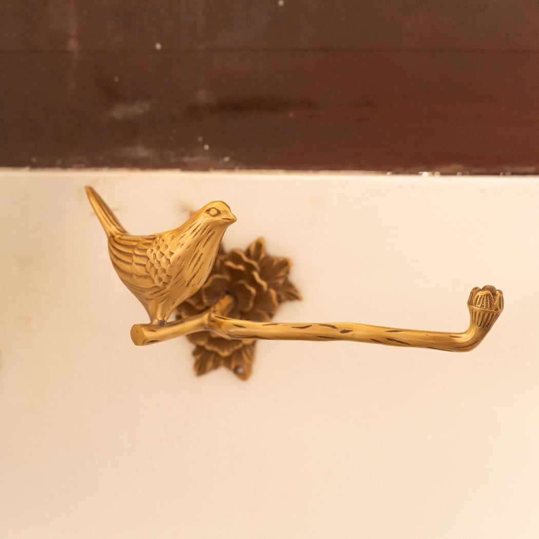 Mathilda Brass Toilet Paper Holder - Antique Gold Finish with Bird Detail
