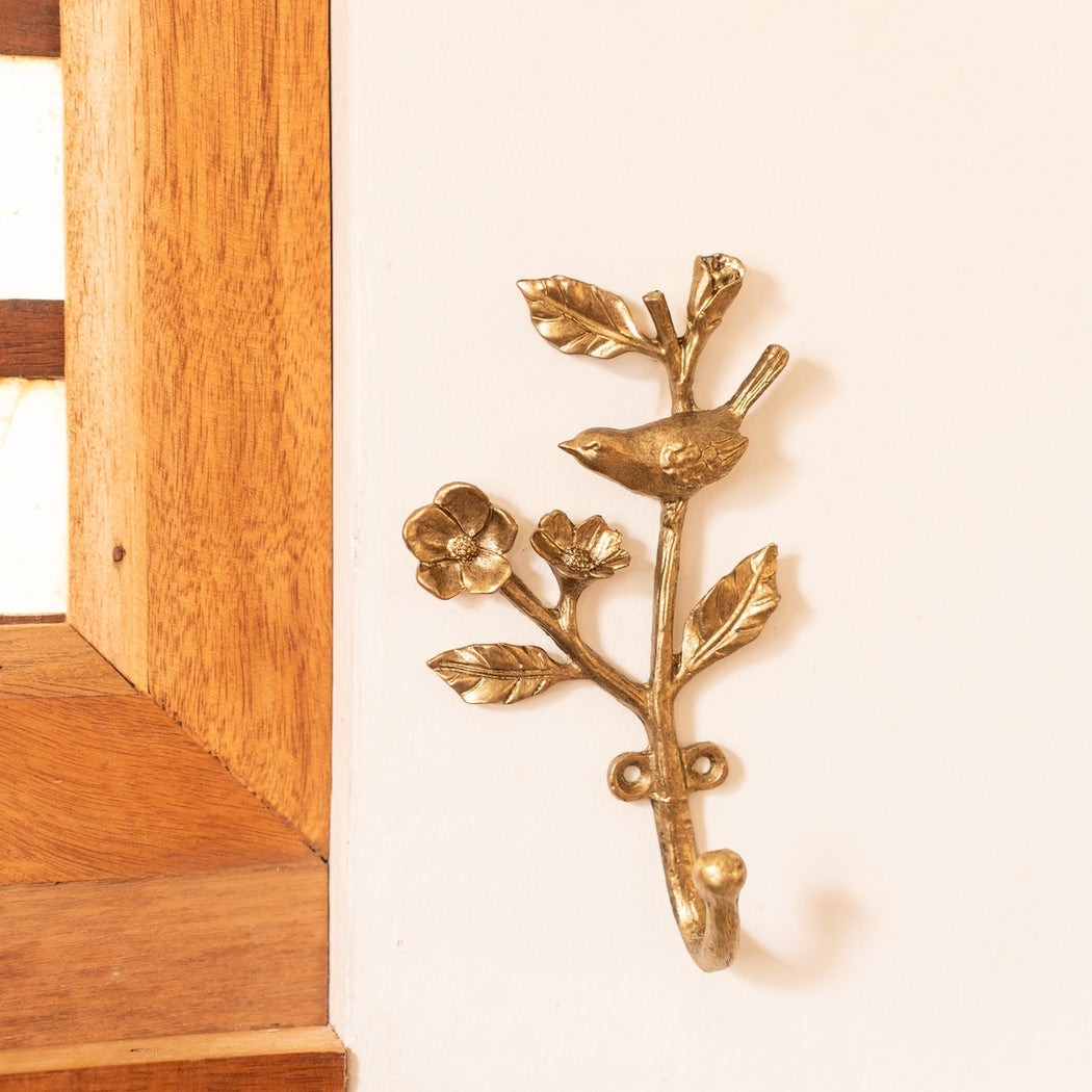 Mathilda Multipurpose Wall Hook - Antique Gold Finish with Bird Detail (Style 1)