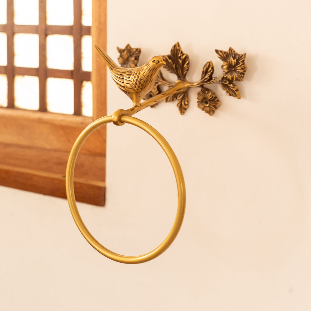 Mathilda Brass Hand Towel Ring - Antique Gold Finish with Bird Detail