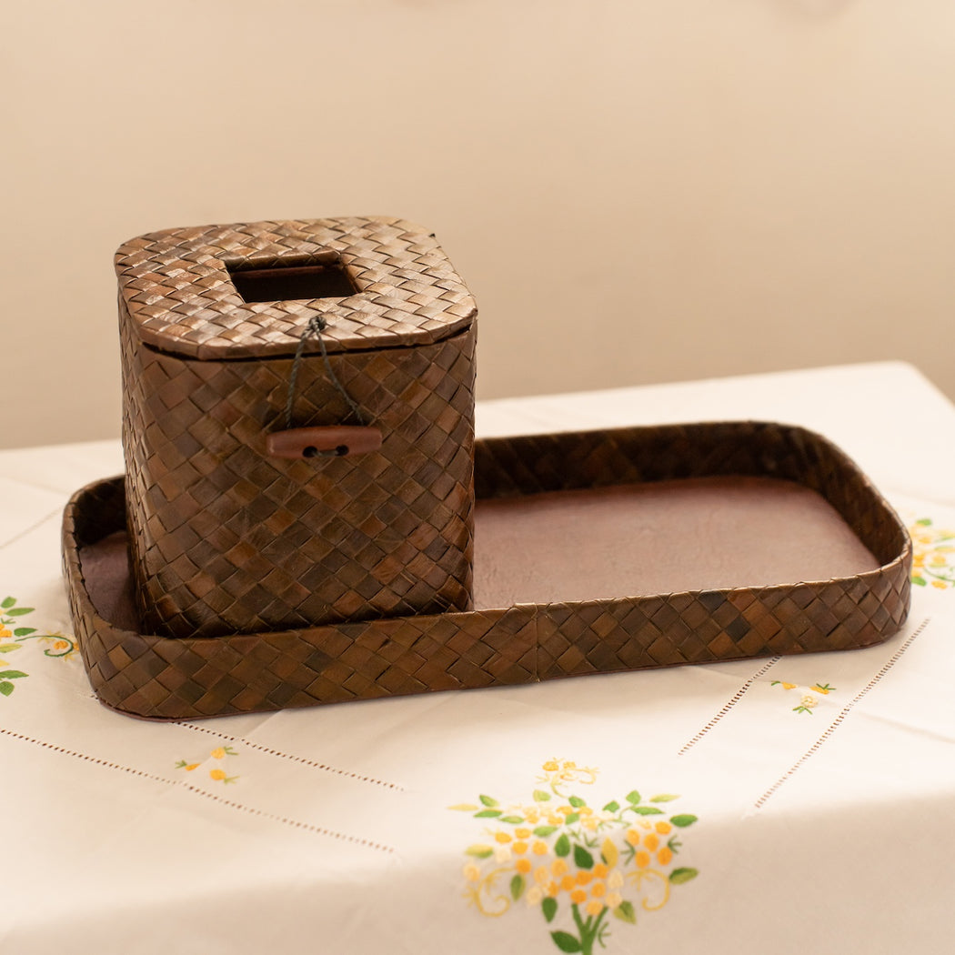 Amalia Woven Pandan Square Tissue Box & Tray Set