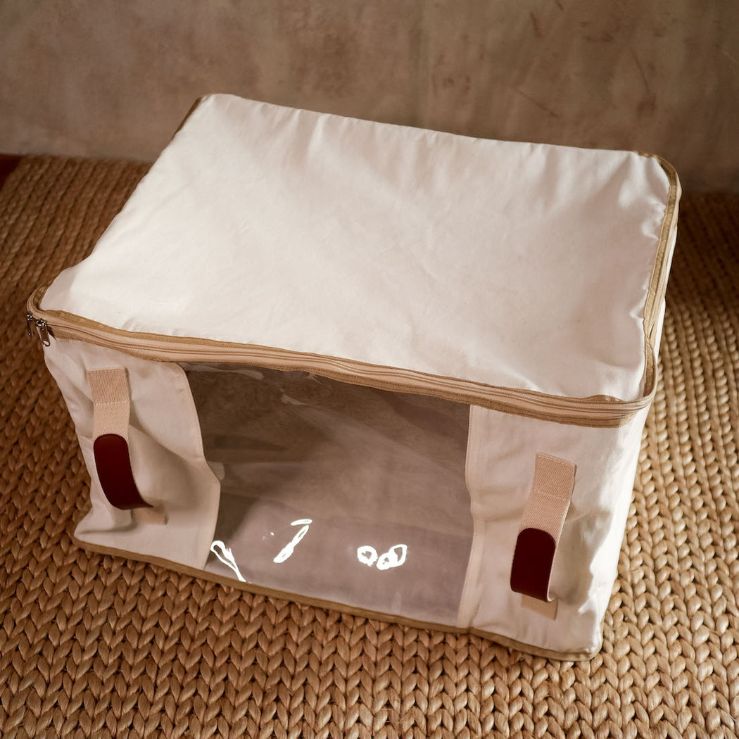 Stores and protects your comforters and blankets all year-round. Each bag is made from breathable canvas material with a clear front panel that allows you to see what’s inside. No more dull or generic storage pieces. Create a clutter-free space by using any of our multi-purpose boxes and bins. Available online at Domesticity.